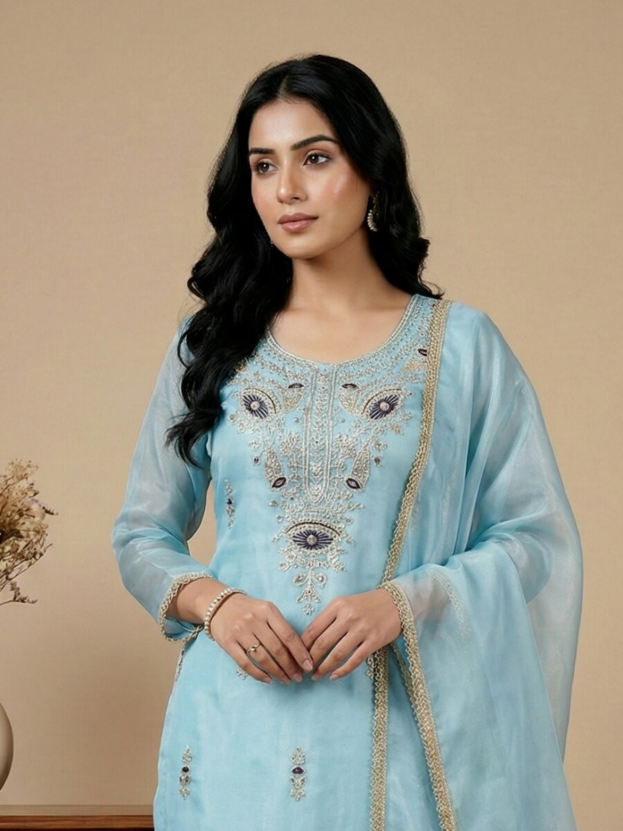 Sky Blue Embroidery Sequins Zari Party Wedding Engagement Festival Ready Palazzo Pant Salwar Kameez