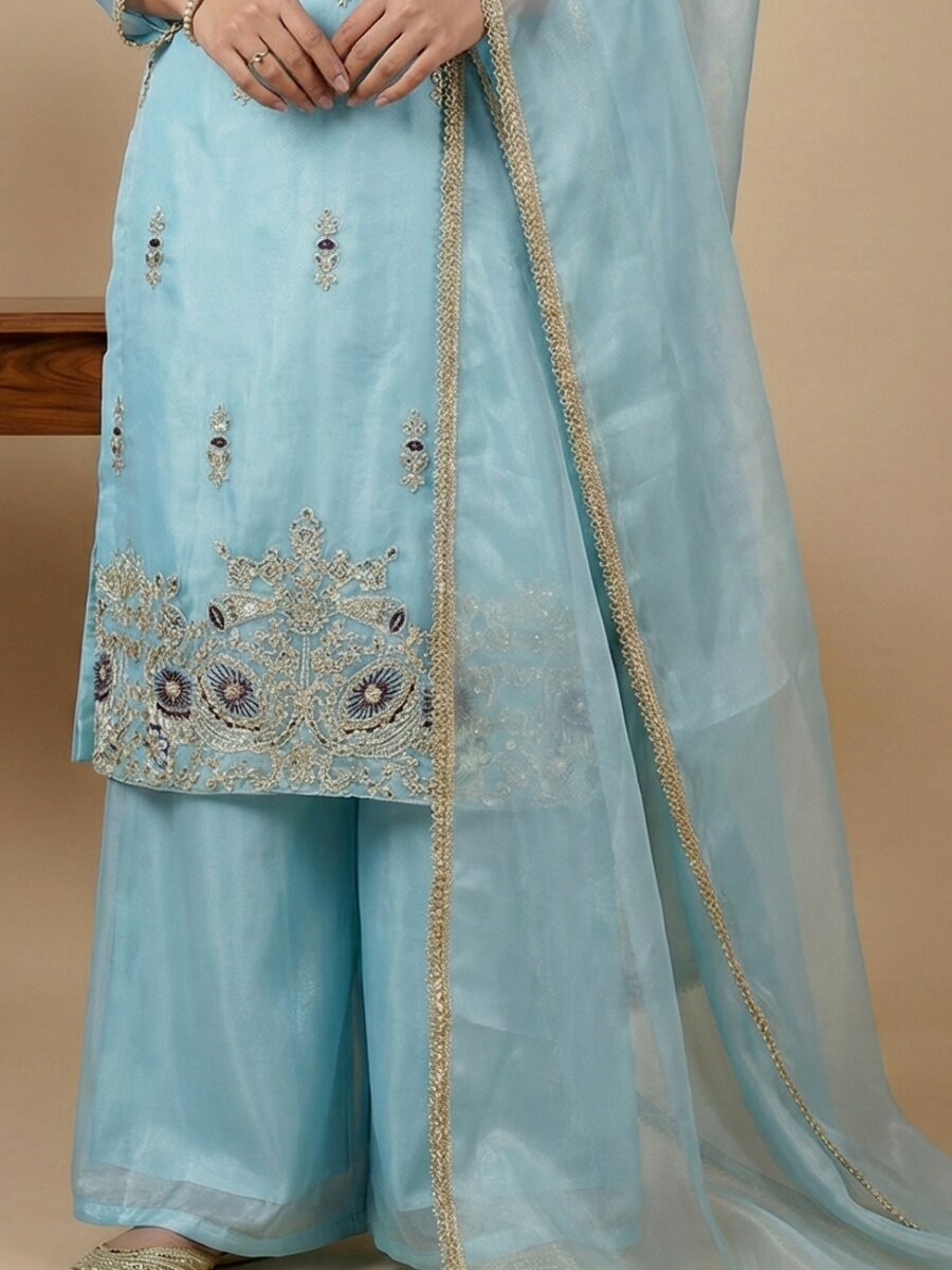 Sky Blue Embroidery Sequins Zari Party Wedding Engagement Festival Ready Palazzo Pant Salwar Kameez