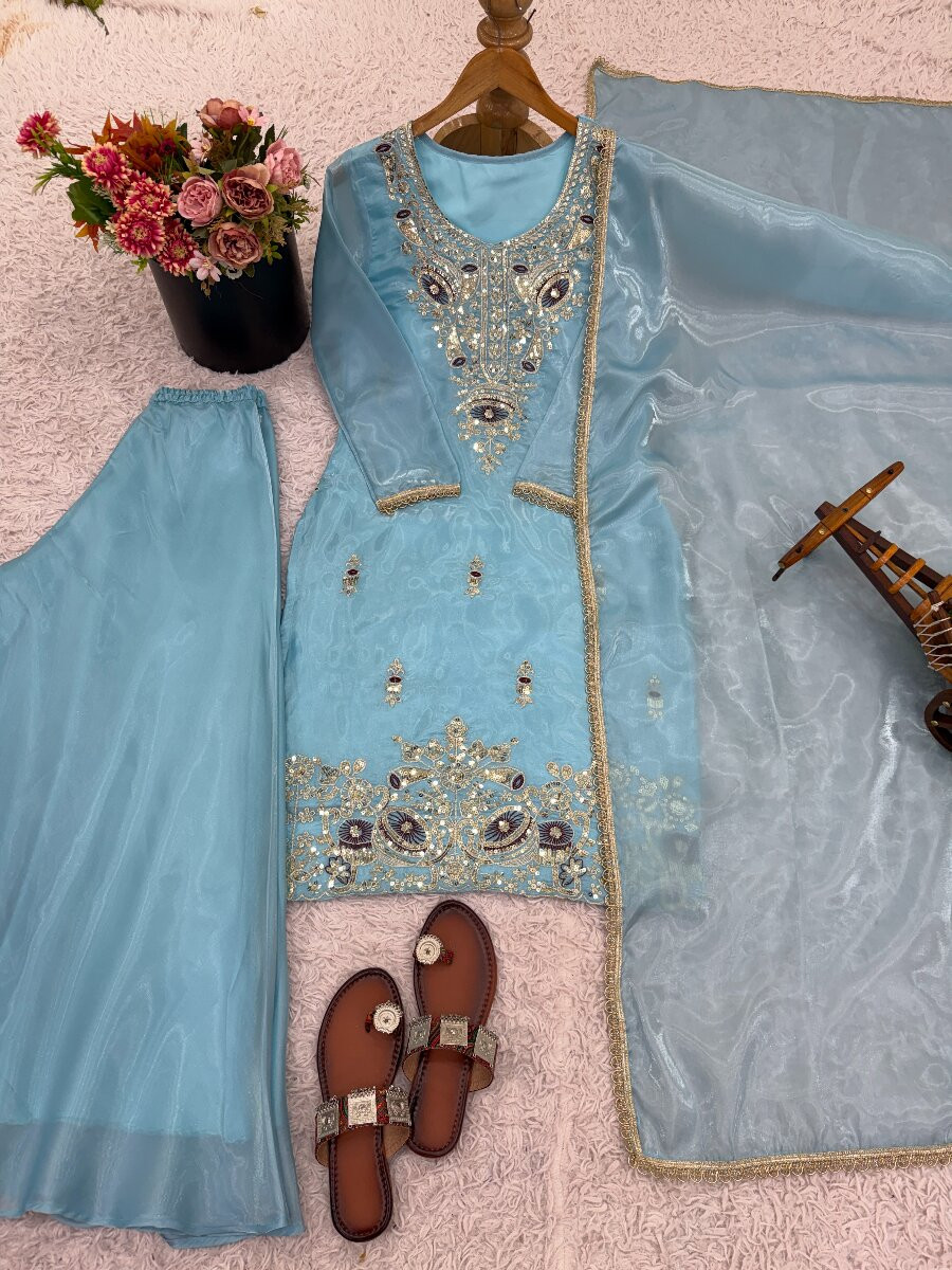 Sky Blue Embroidery Sequins Zari Party Wedding Engagement Festival Ready Palazzo Pant Salwar Kameez