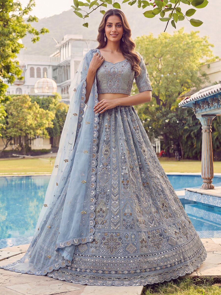 Sky Blue Embroidery Zari Sequins Zircon Diamond Work Wedding Reception Party Festival Heavy Border Lehenga Choli