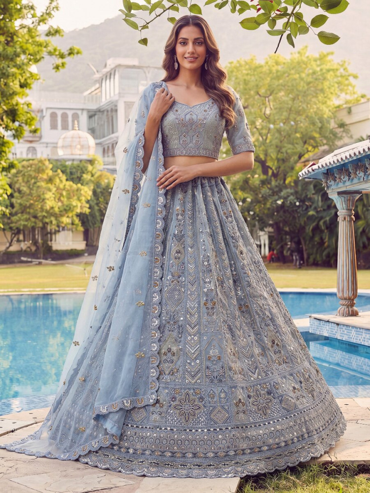 Image of Sky Blue Embroidery Zari Sequins Zircon Diamond Work Wedding Reception Party Festival Heavy Border Lehenga Choli