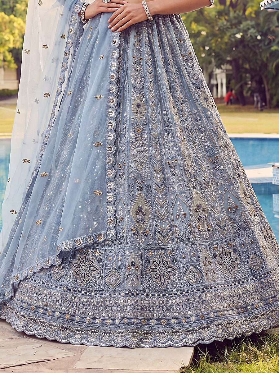 Sky Blue Embroidery Zari Sequins Zircon Diamond Work Wedding Reception Party Festival Heavy Border Lehenga Choli