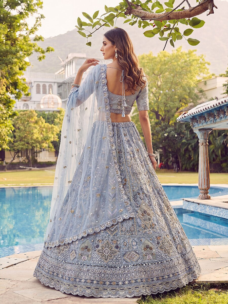 Sky Blue Embroidery Zari Sequins Zircon Diamond Work Wedding Reception Party Festival Heavy Border Lehenga Choli