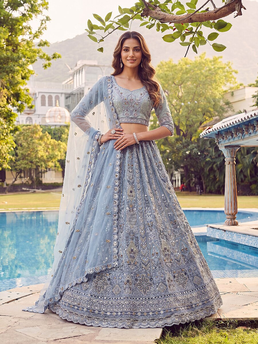 Sky Blue Embroidery Zari Sequins Zircon Diamond Work Wedding Reception Party Festival Heavy Border Lehenga Choli