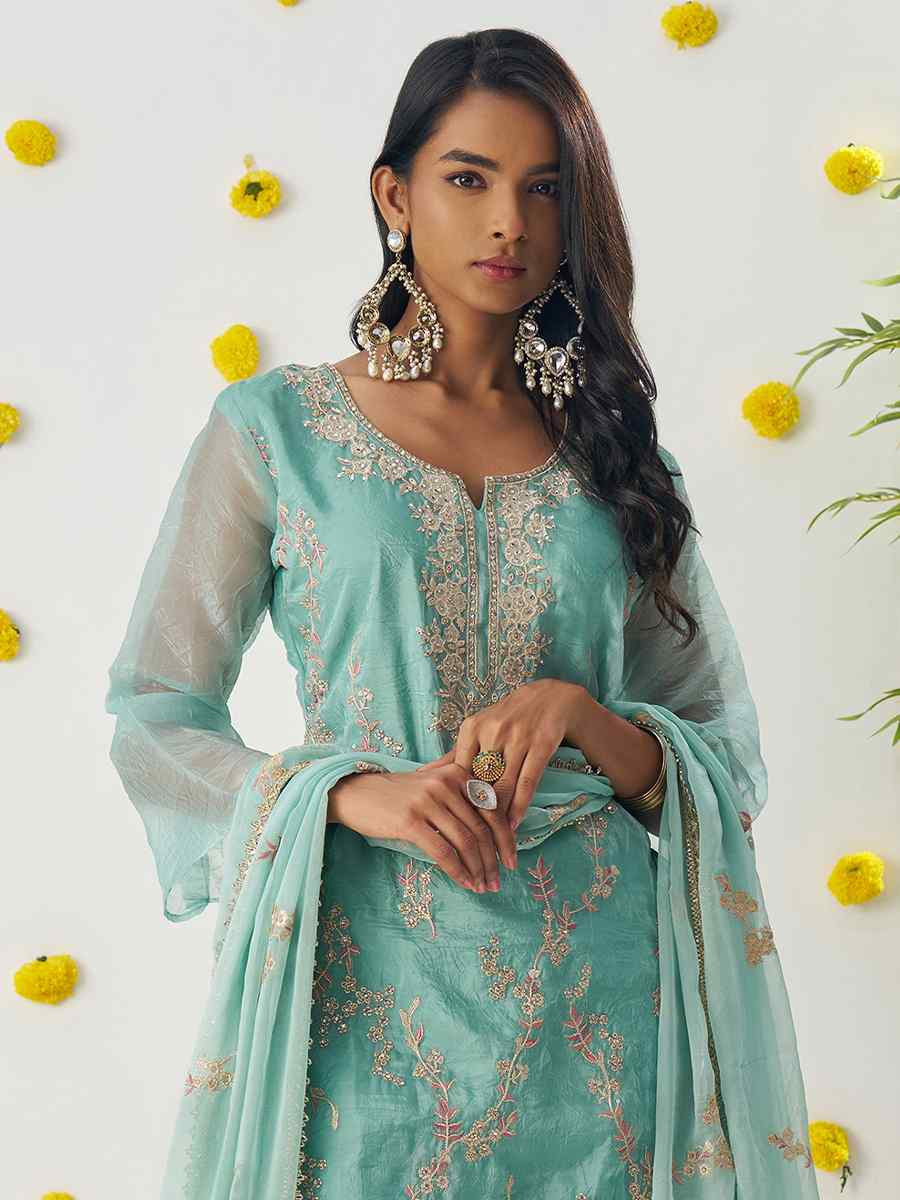 Sky Blue Fancy Crush Embroidered Party Casual Ready Pant Salwar Kameez
