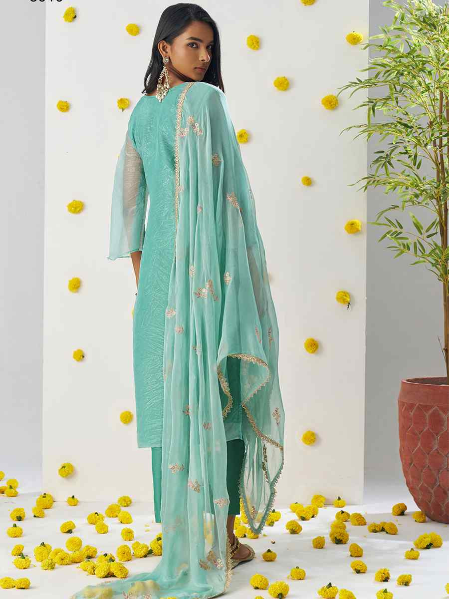 Sky Blue Fancy Crush Embroidered Party Casual Ready Pant Salwar Kameez