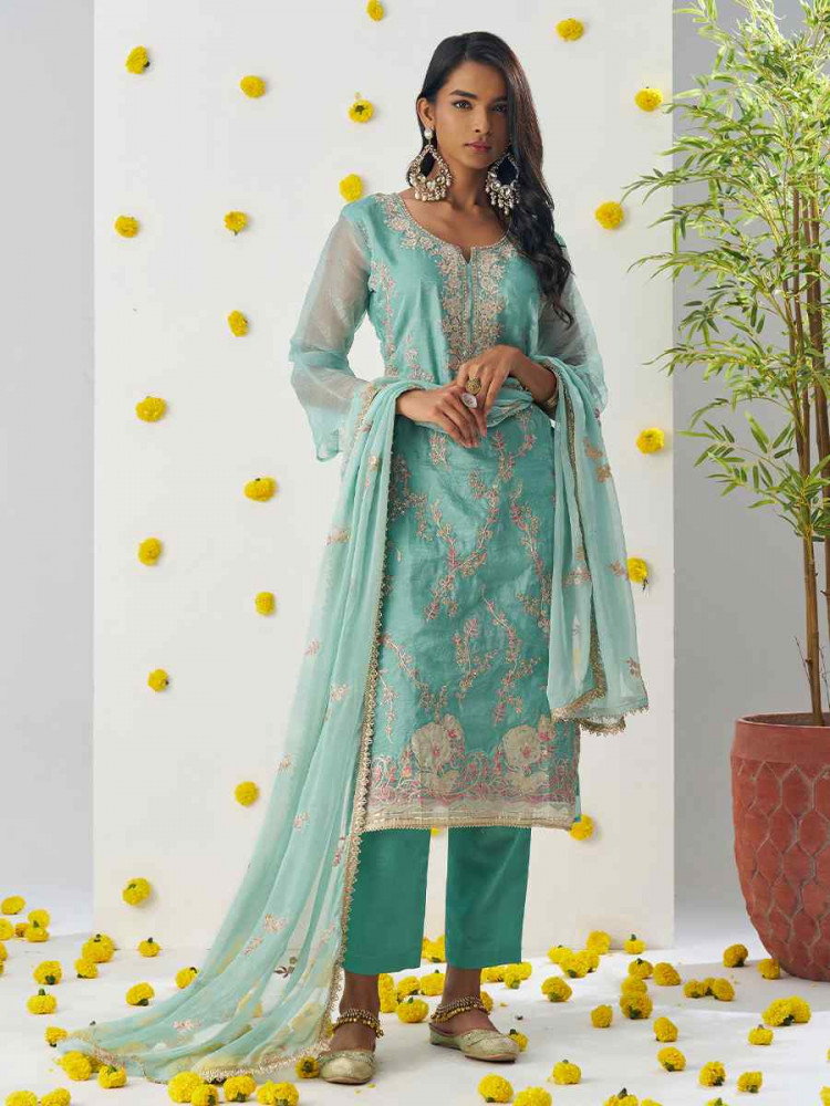 Sky Blue Fancy Crush Embroidered Party Casual Ready Pant Salwar Kameez