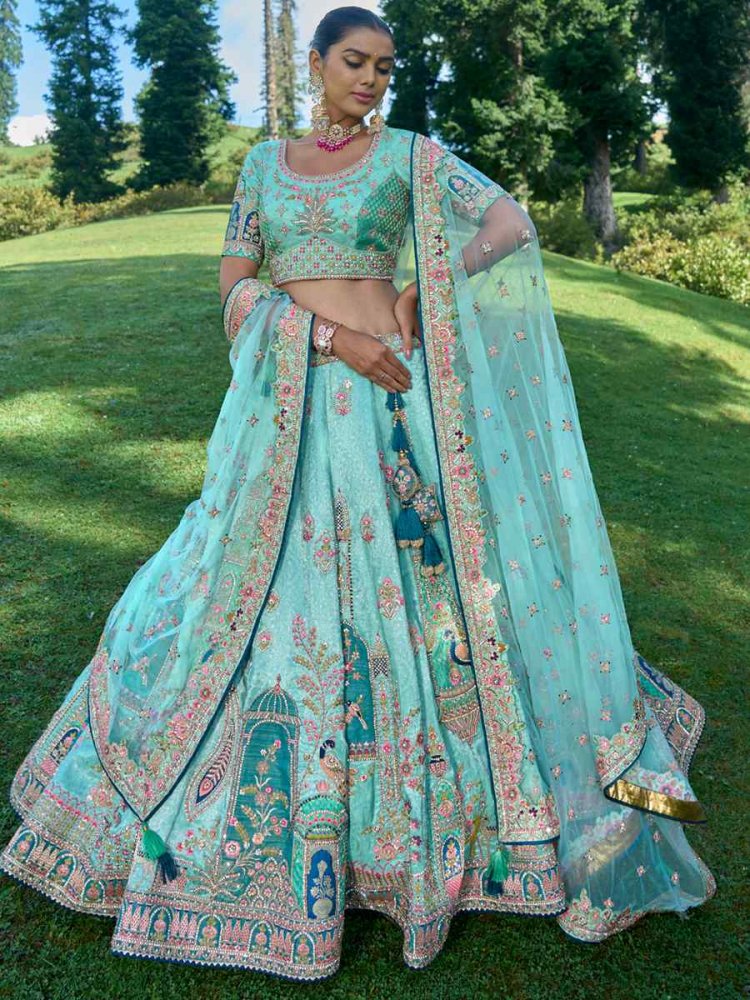 Sky Blue Fancy Silk Embroidered Bridal Reception Heavy Border Lehenga Choli