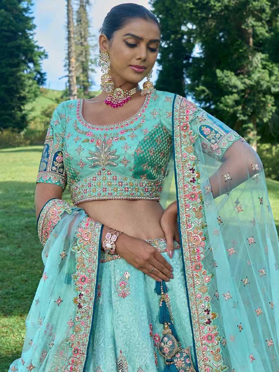 Sky Blue Fancy Silk Embroidered Bridal Reception Heavy Border Lehenga Choli