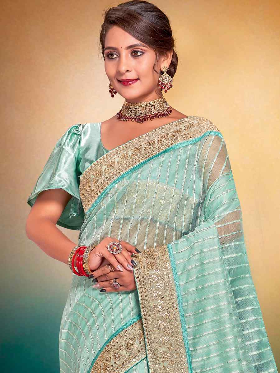 Sky Blue Fancy Tissue Embroidered Wedding Festival Heavy Border Saree