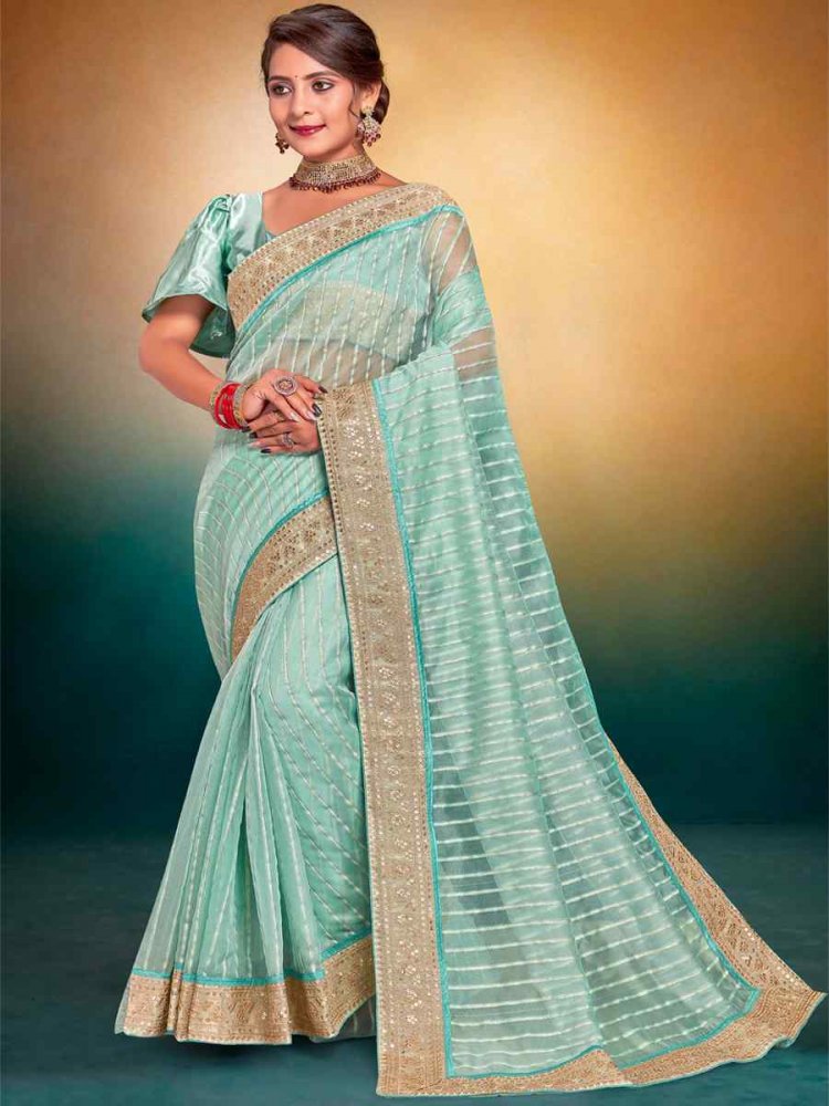 Sky Blue Fancy Tissue Embroidered Wedding Festival Heavy Border Saree