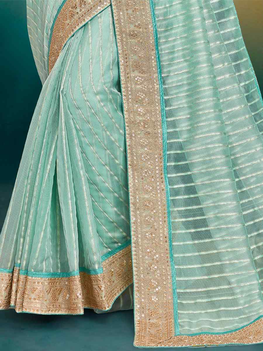 Sky Blue Fancy Tissue Embroidered Wedding Festival Heavy Border Saree