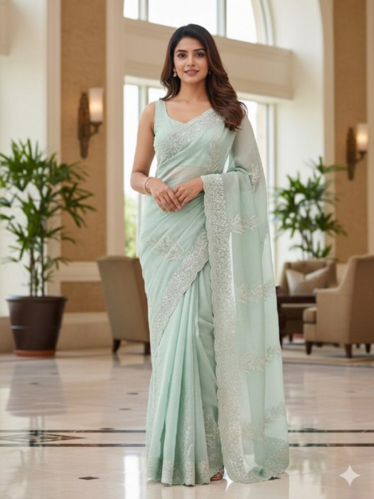 Image of Sky Blue Fandy Satin Embroidery Wedding Reception Party Casual Heavy Border Sarees