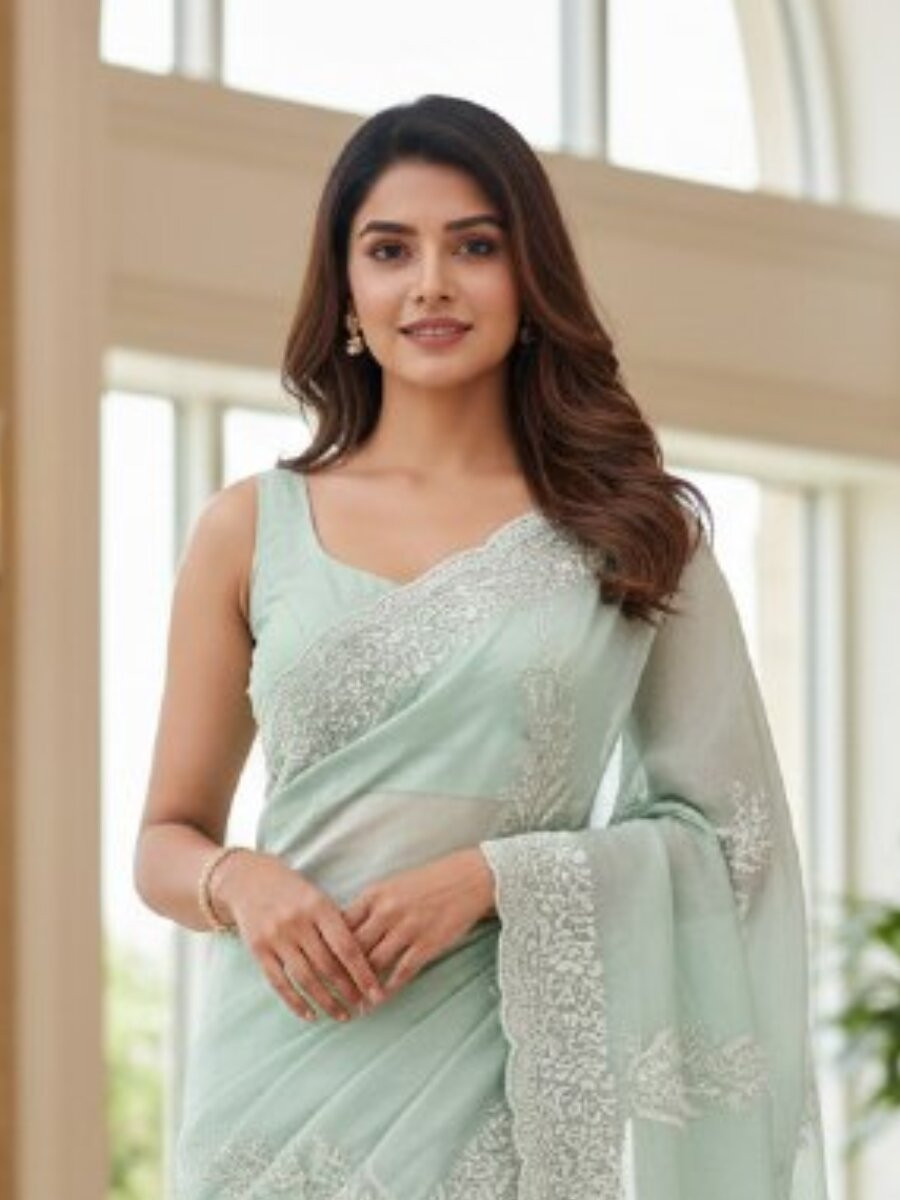 Sky Blue Fandy Satin Embroidery Wedding Reception Party Casual Heavy Border Sarees