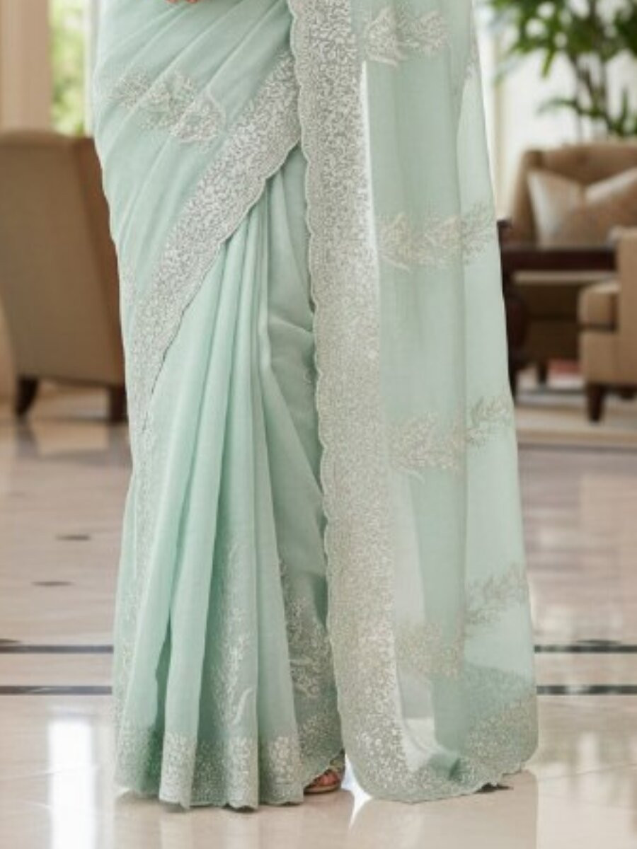 Sky Blue Fandy Satin Embroidery Wedding Reception Party Casual Heavy Border Sarees