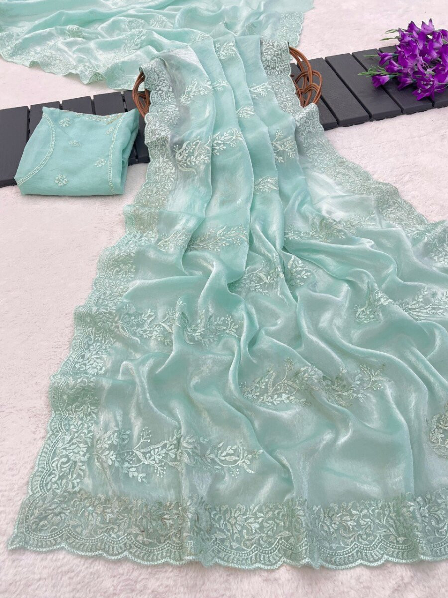 Sky Blue Fandy Satin Embroidery Wedding Reception Party Casual Heavy Border Sarees