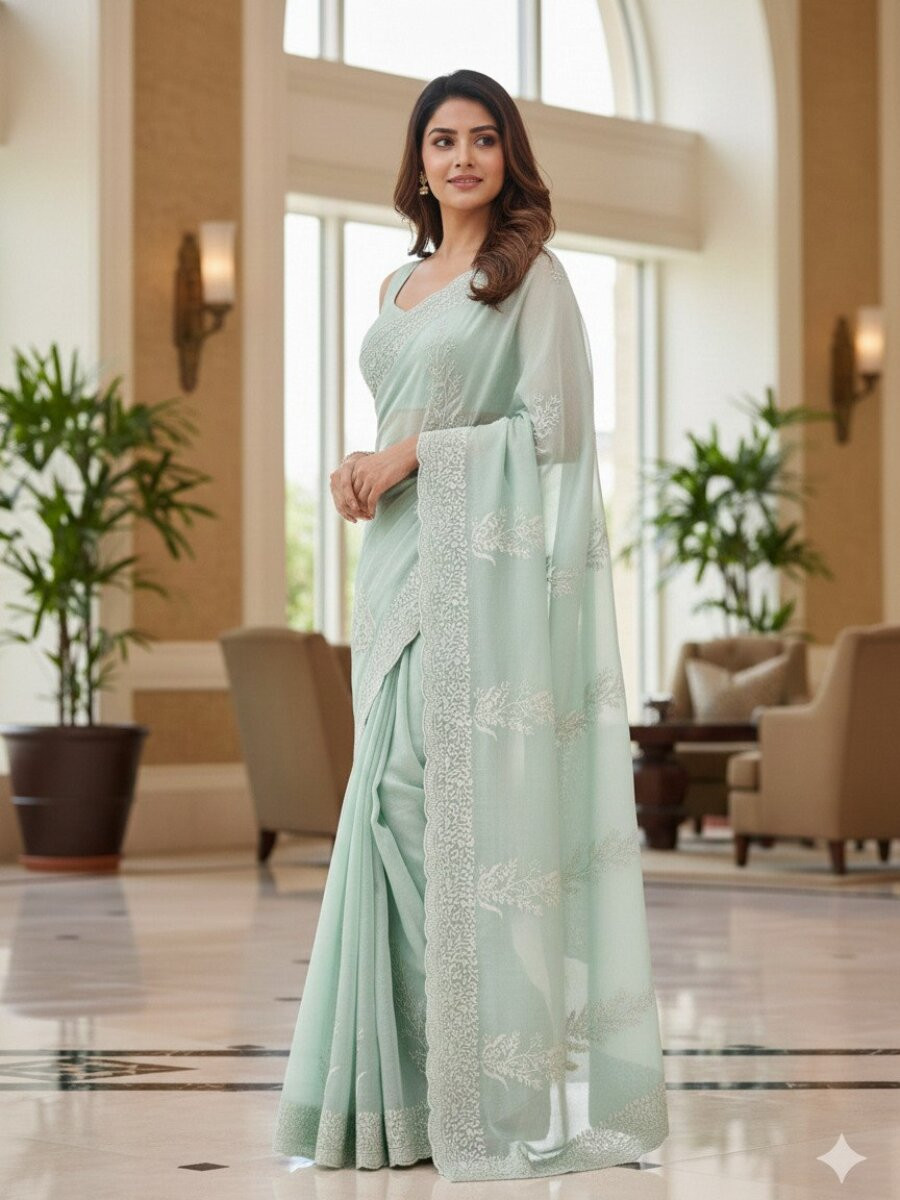 Sky Blue Fandy Satin Embroidery Wedding Reception Party Casual Heavy Border Sarees