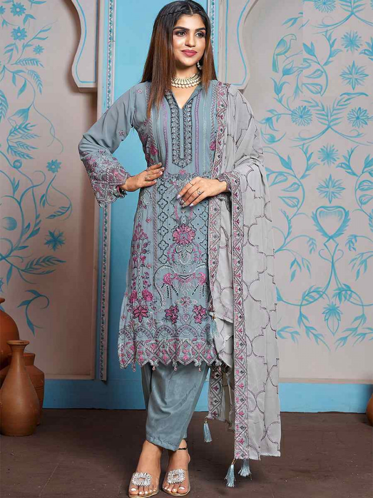 Sky Blue Faux Georgette Embroidered Festival Casual Pant Salwar Kameez