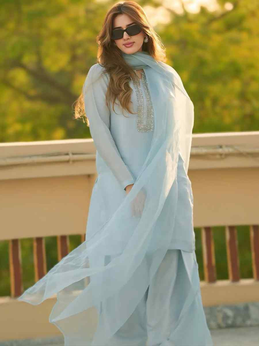 Sky Blue Faux Georgette Embroidered Festival Casual Ready Farsi Pant Salwar Kameez