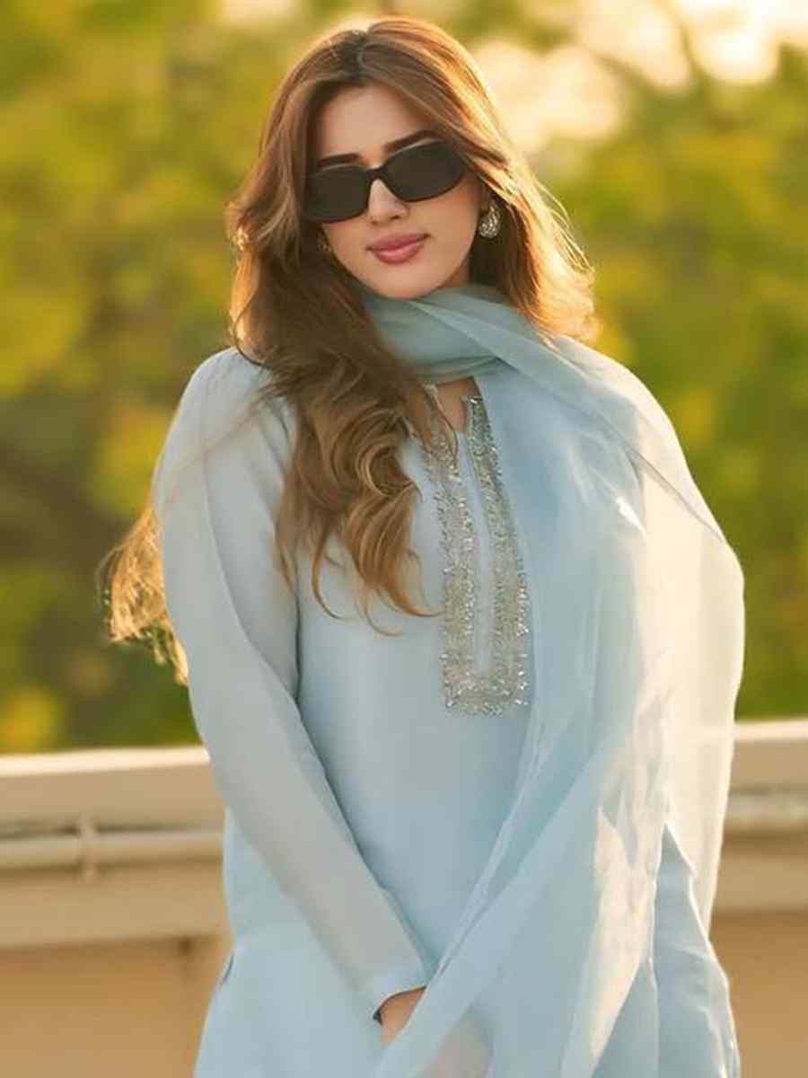 Sky Blue Faux Georgette Embroidered Festival Casual Ready Farsi Pant Salwar Kameez