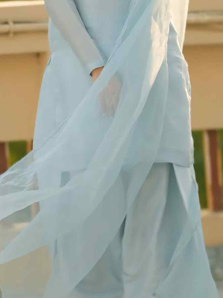 Sky Blue Faux Georgette Embroidered Festival Casual Ready Farsi Pant Salwar Kameez