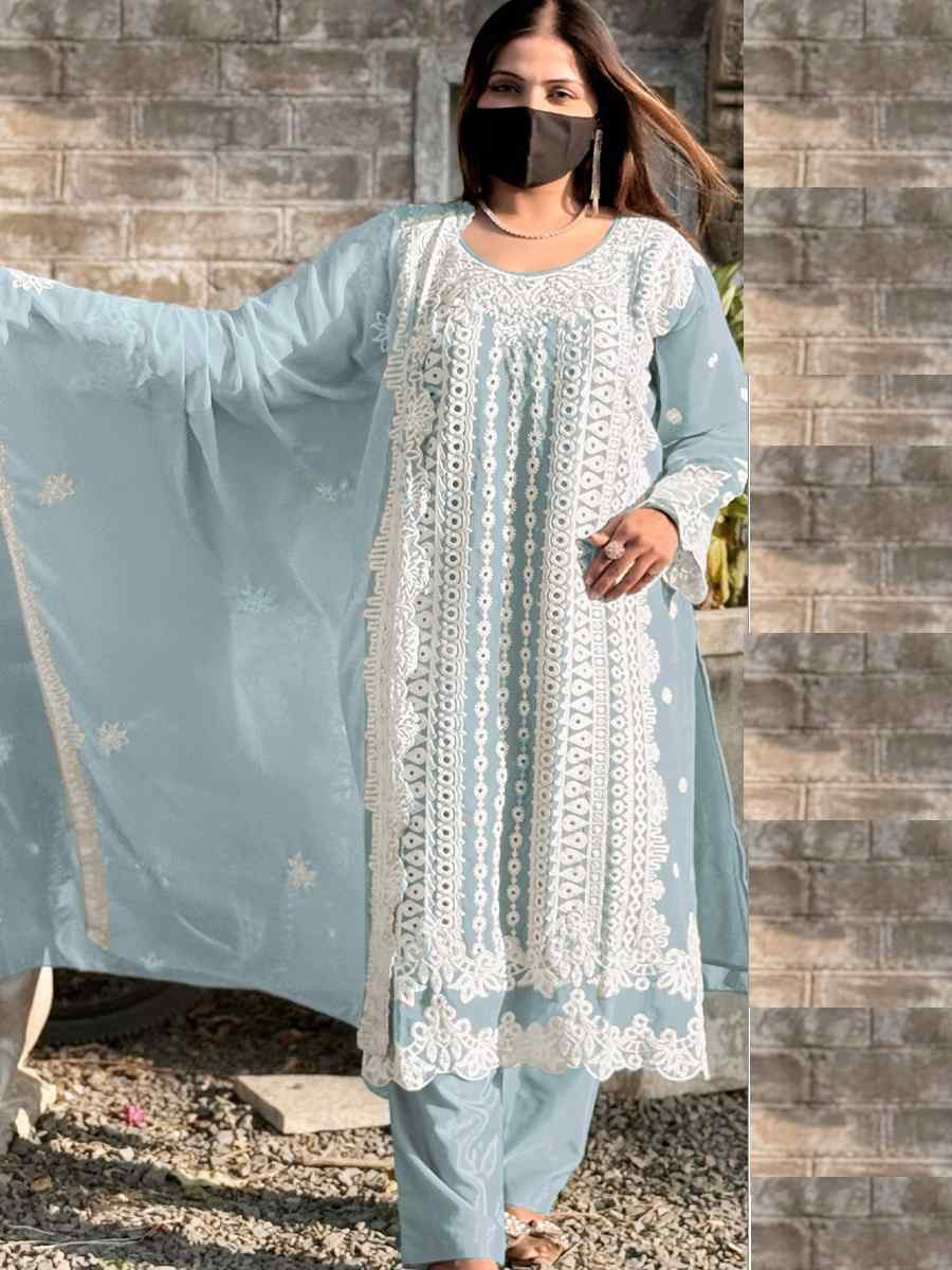 Sky Blue Faux Georgette Embroidered Festival Wedding Pant Salwar Kameez
