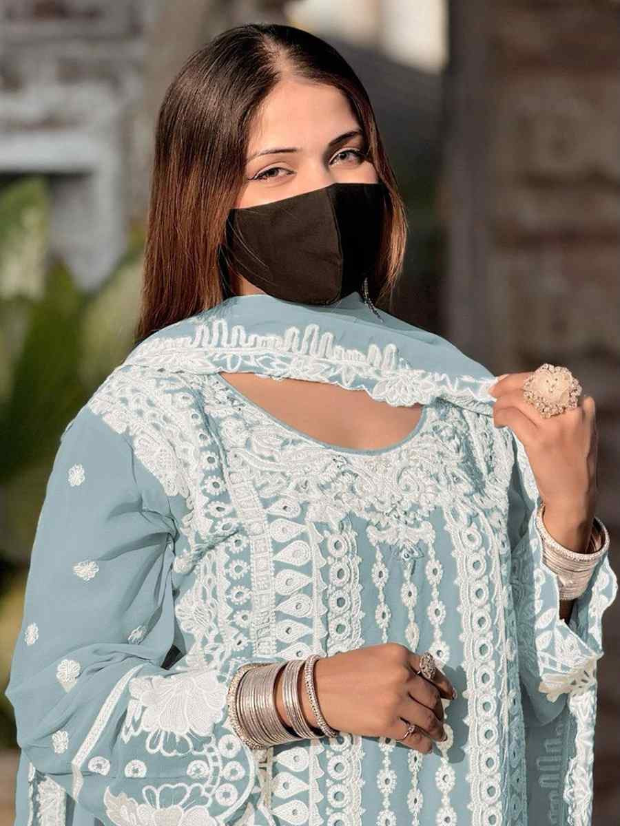 Sky Blue Faux Georgette Embroidered Festival Wedding Pant Salwar Kameez