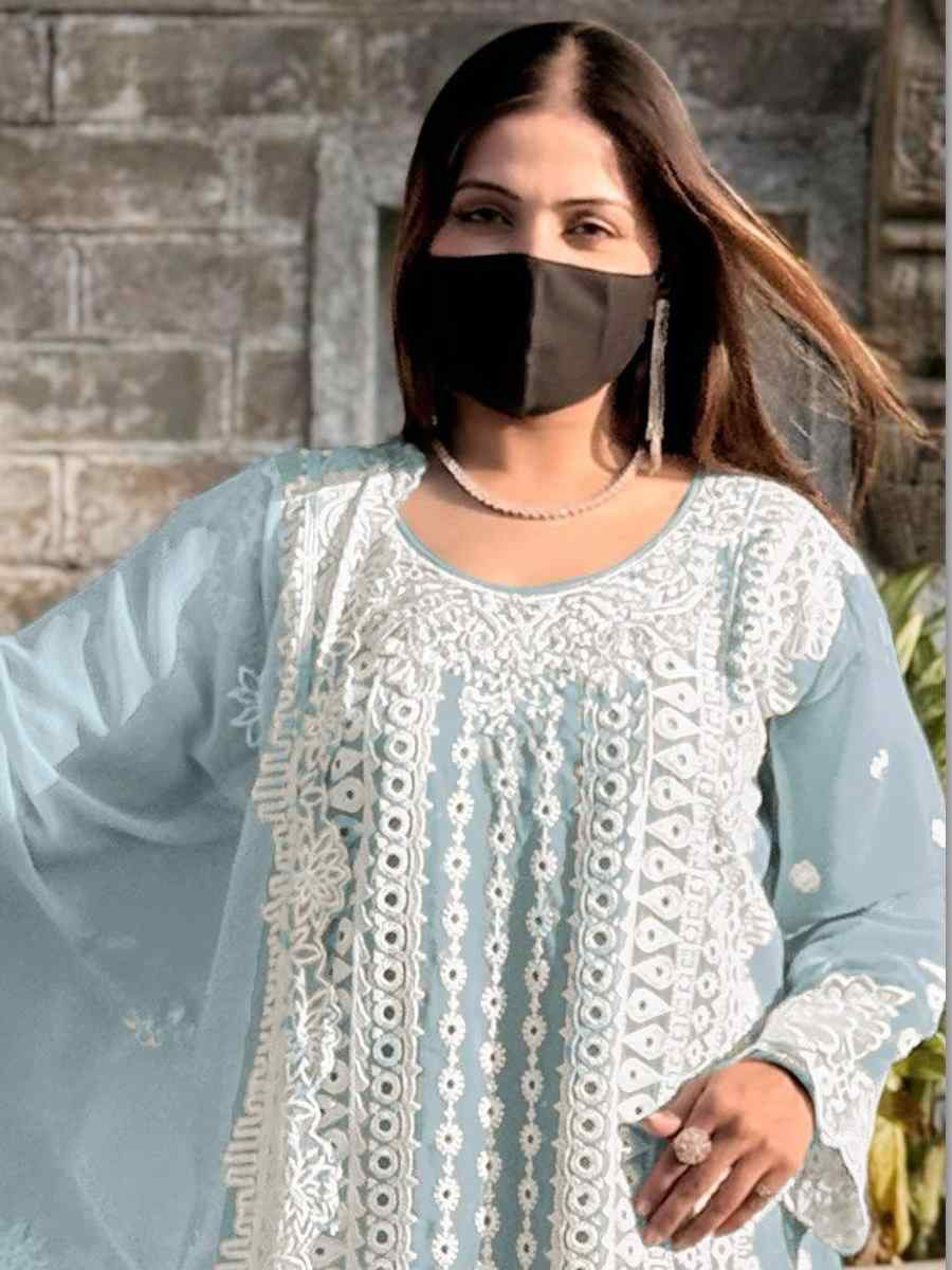 Sky Blue Faux Georgette Embroidered Festival Wedding Pant Salwar Kameez