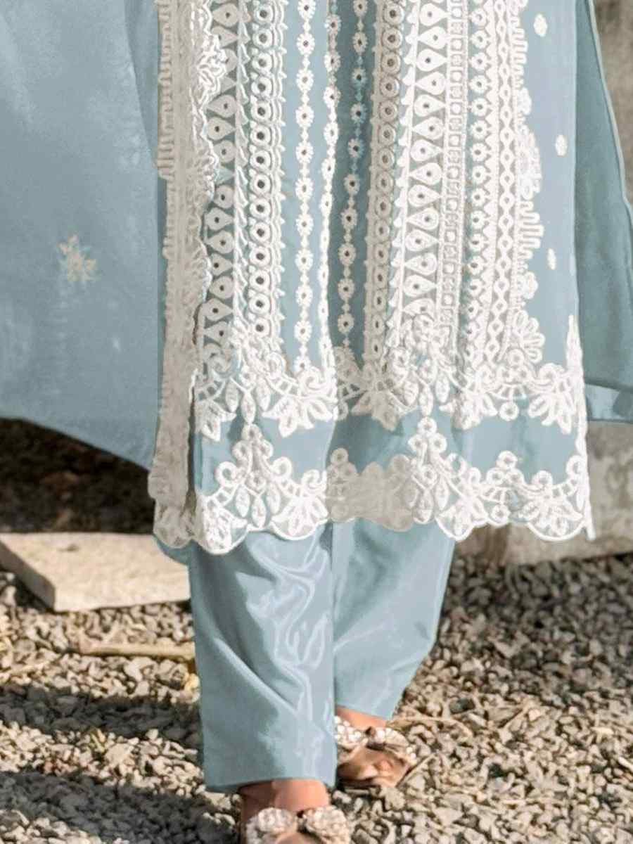Sky Blue Faux Georgette Embroidered Festival Wedding Pant Salwar Kameez
