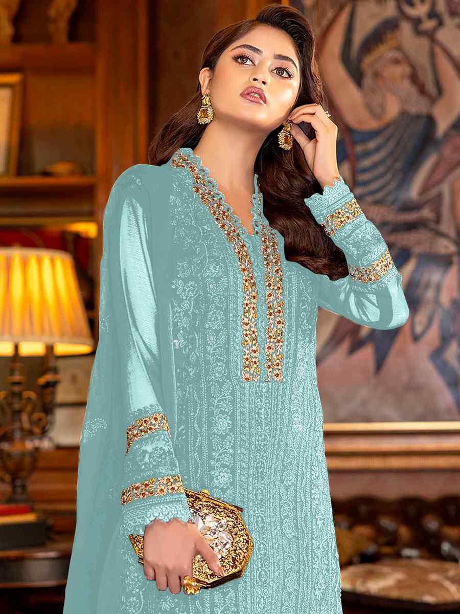 Sky Blue Faux Georgette Embroidered Festival Wedding Pant Salwar Kameez