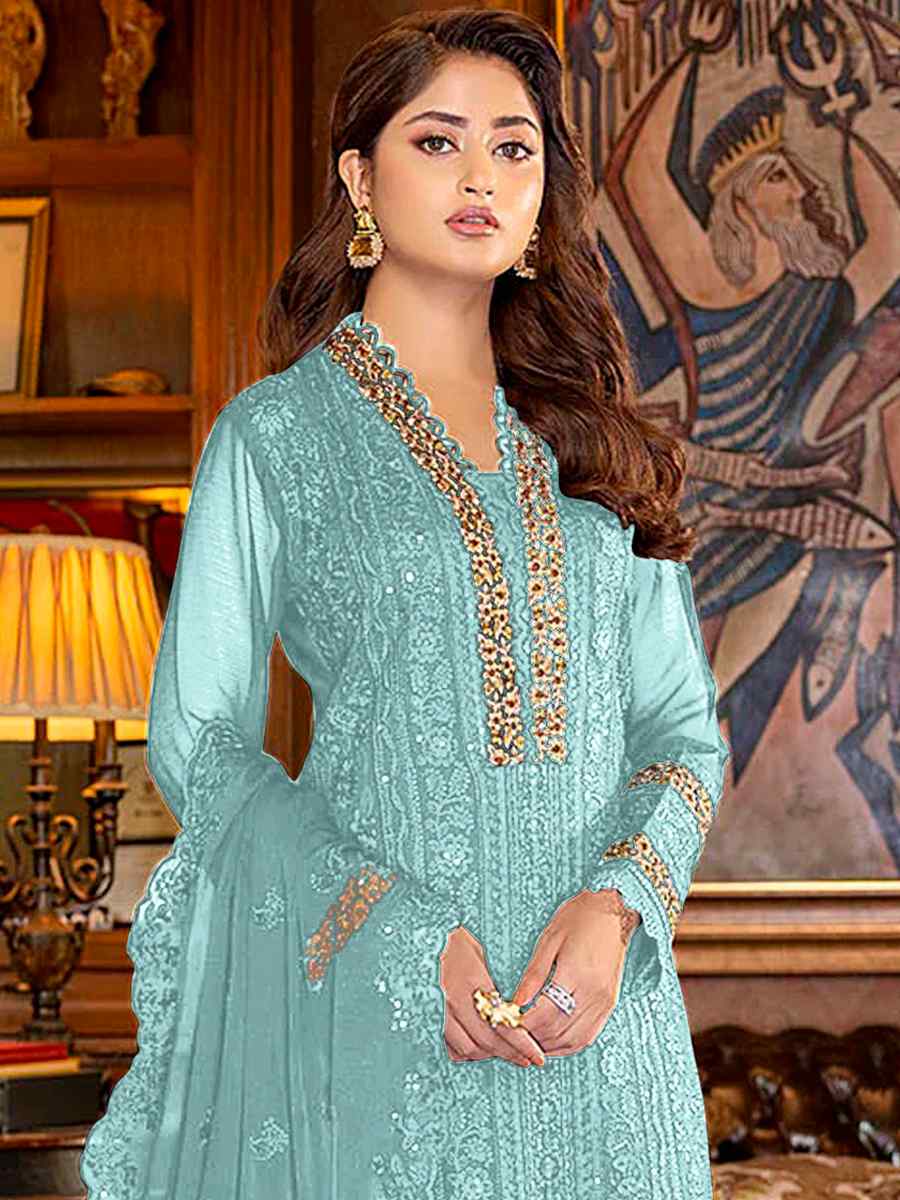 Sky Blue Faux Georgette Embroidered Festival Wedding Pant Salwar Kameez