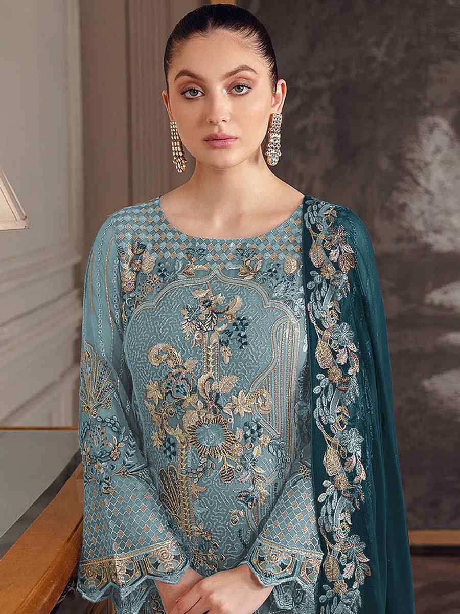 Sky Blue Faux Georgette Embroidered Festival Wedding Pant Salwar Kameez