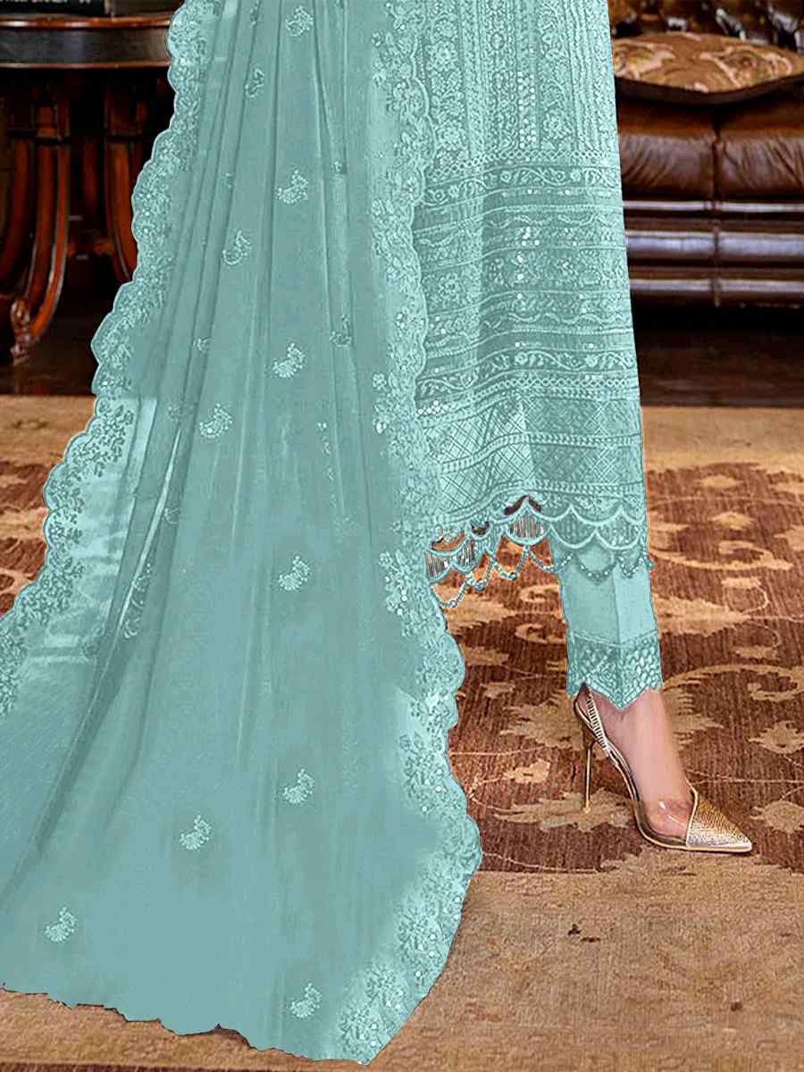 Sky Blue Faux Georgette Embroidered Festival Wedding Pant Salwar Kameez