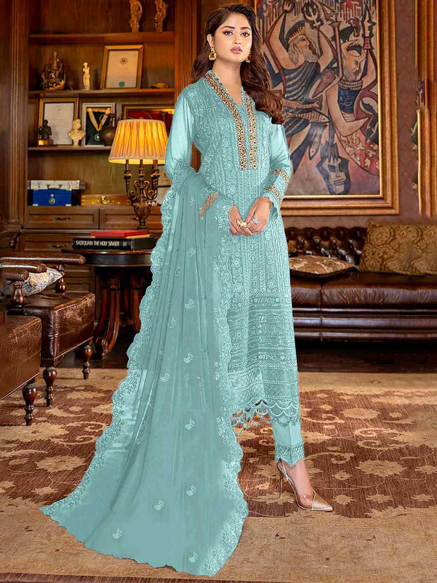 Sky Blue Faux Georgette Embroidered Festival Wedding Pant Salwar Kameez