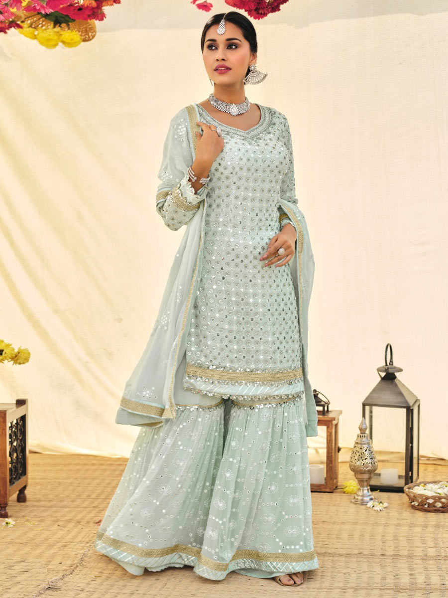 Sky Blue Faux Georgette Embroidered Party Palazzo Pant Kameez