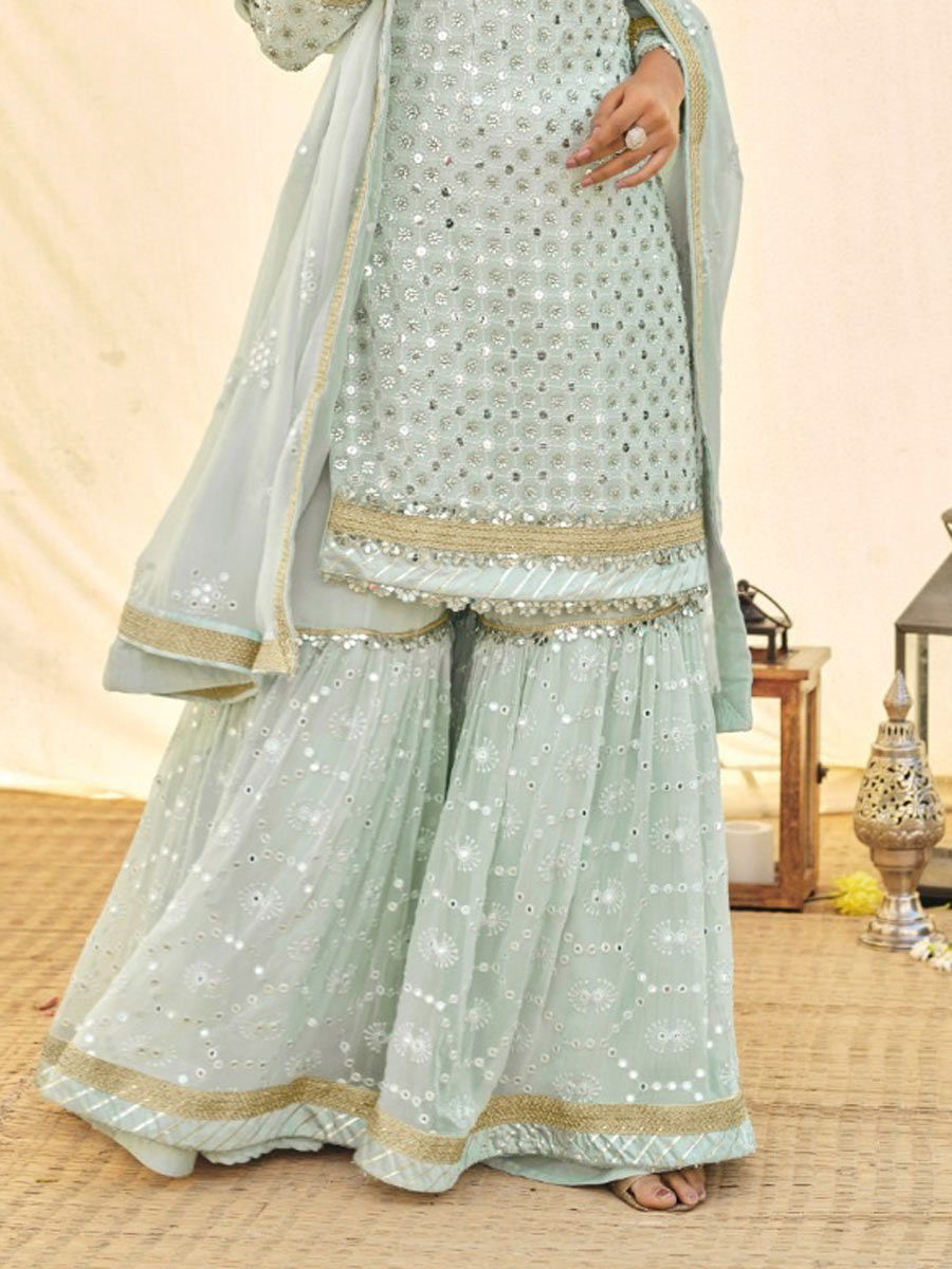 Sky Blue Faux Georgette Embroidered Party Palazzo Pant Kameez