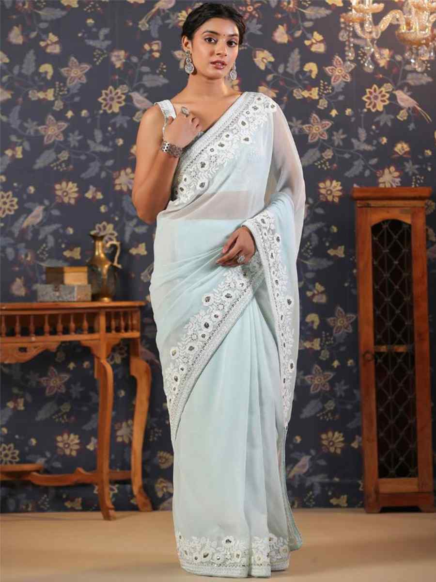 Sky Blue Faux Georgette Embroidered Party Reception Heavy Border Saree