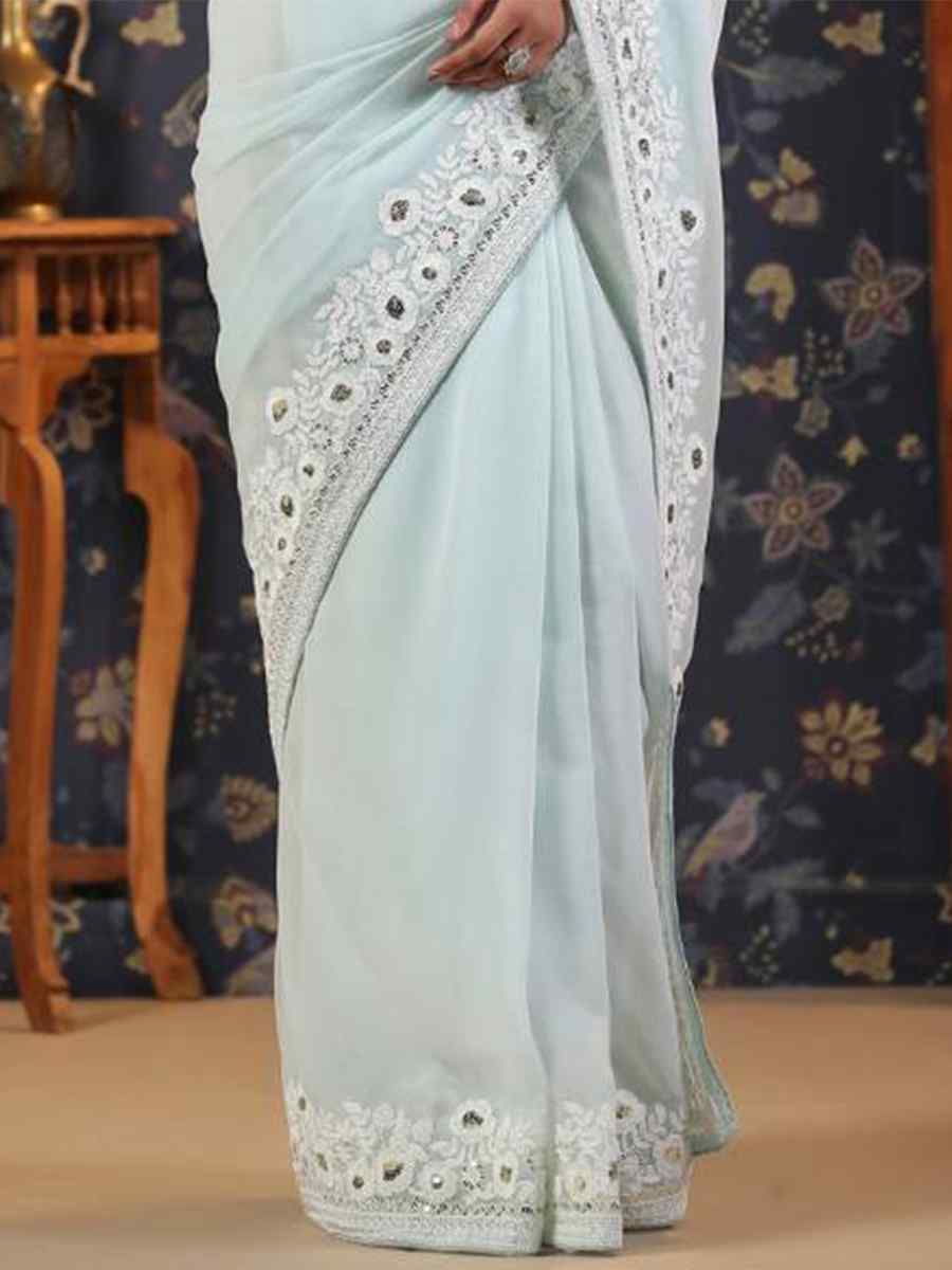 Sky Blue Faux Georgette Embroidered Party Reception Heavy Border Saree