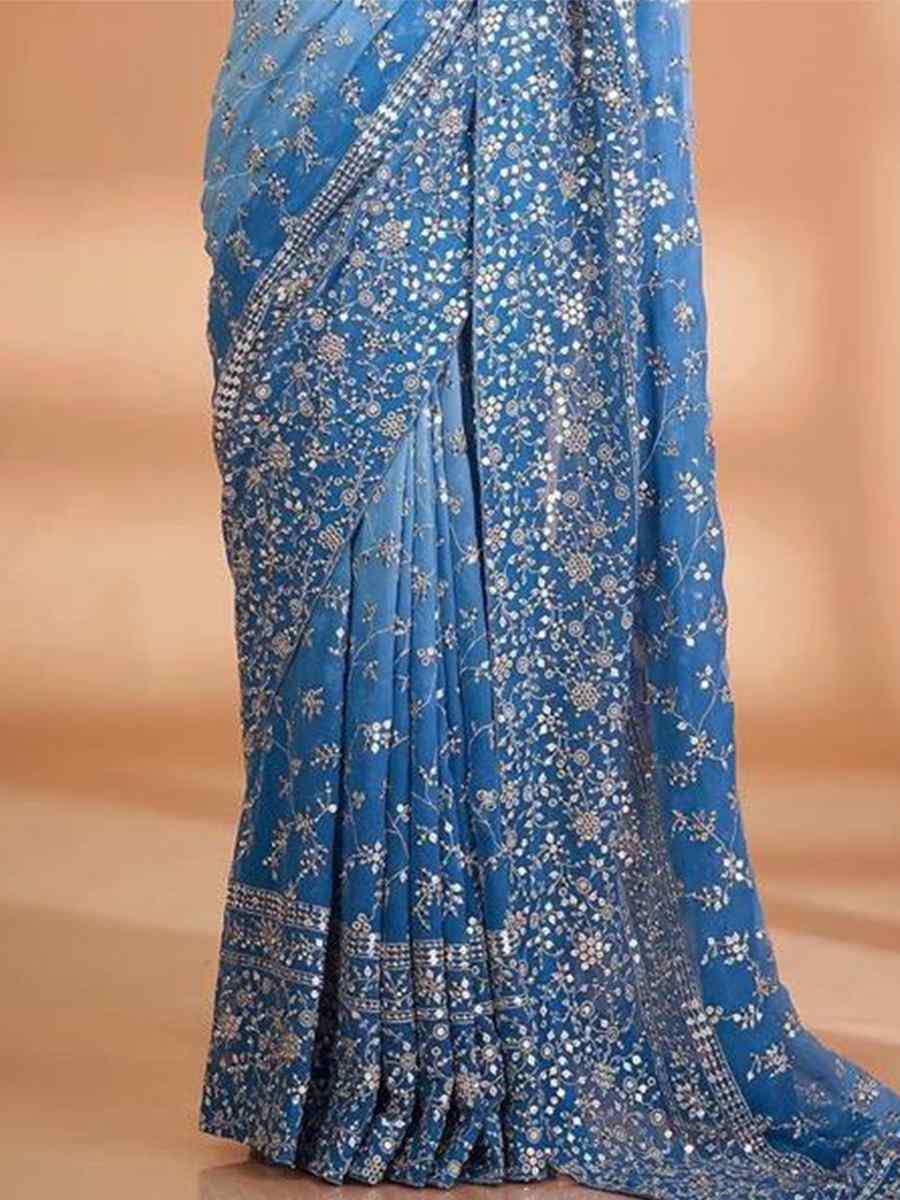 Sky Blue Faux Georgette Embroidered Wedding Festival Heavy Border Saree