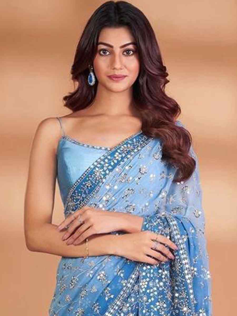 Sky Blue Faux Georgette Embroidered Wedding Festival Heavy Border Saree
