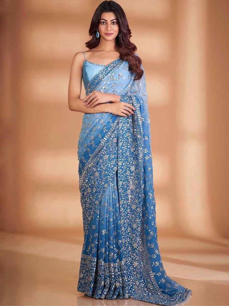 Sky Blue Faux Georgette Embroidered Wedding Festival Heavy Border Saree