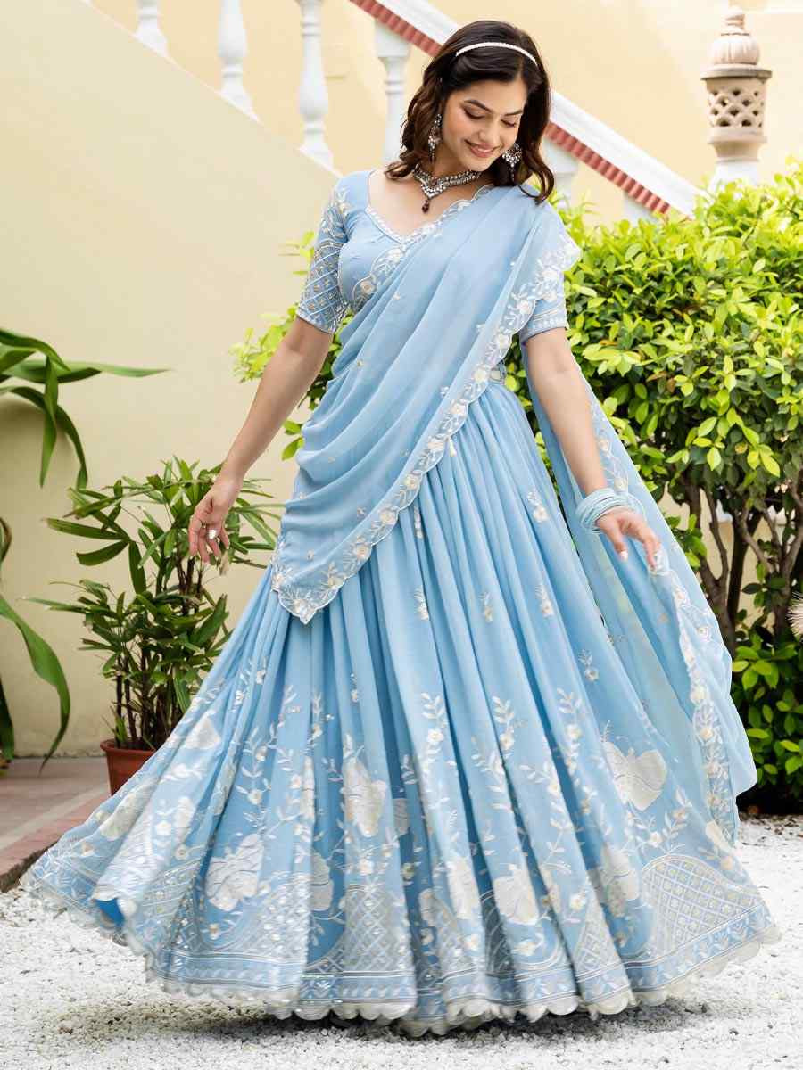 Sky Blue Faux Georgette Embroidered Wedding Reception Festival Heavy Border Lehenga Choli