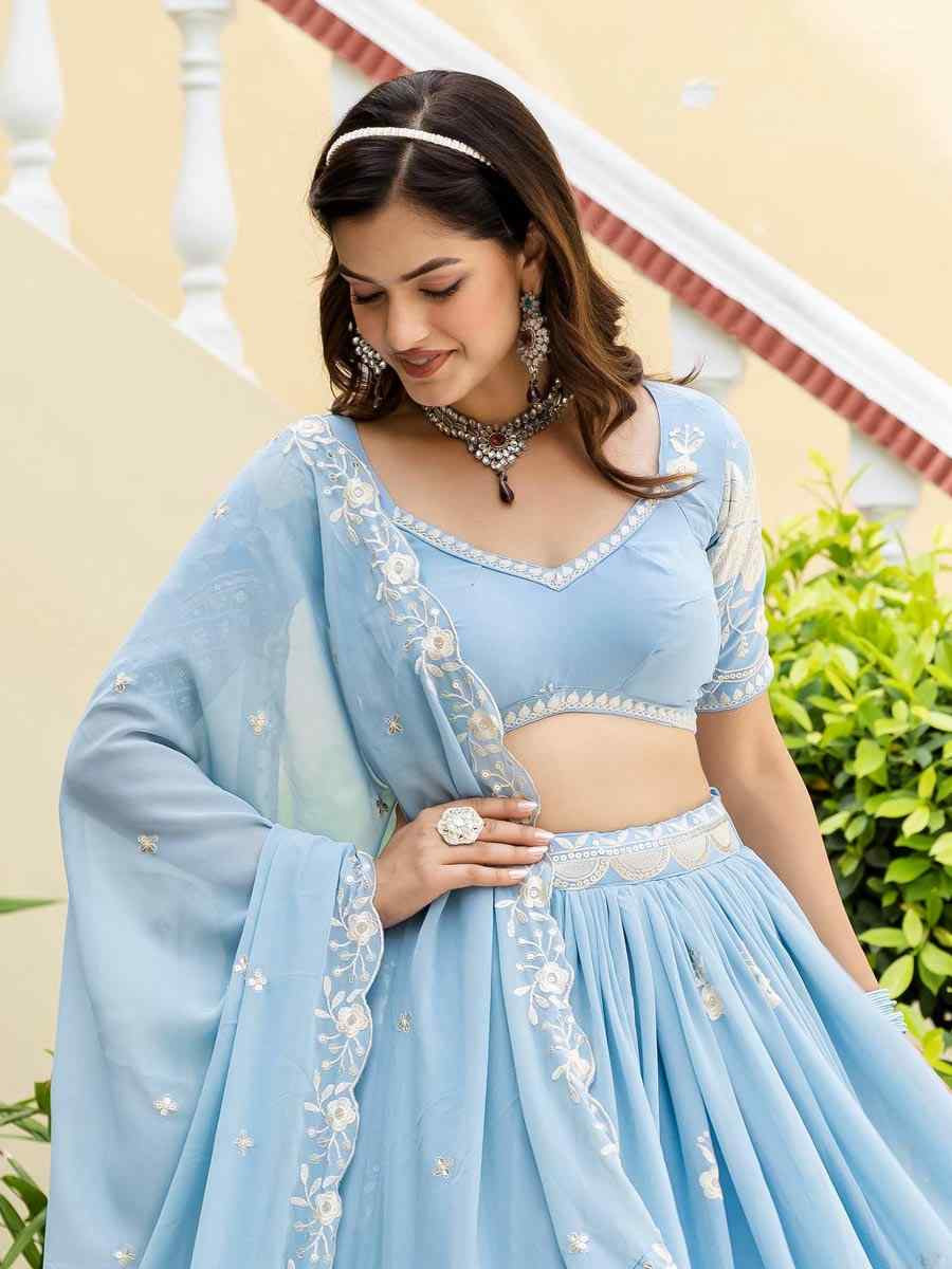 Sky Blue Faux Georgette Embroidered Wedding Reception Festival Heavy Border Lehenga Choli