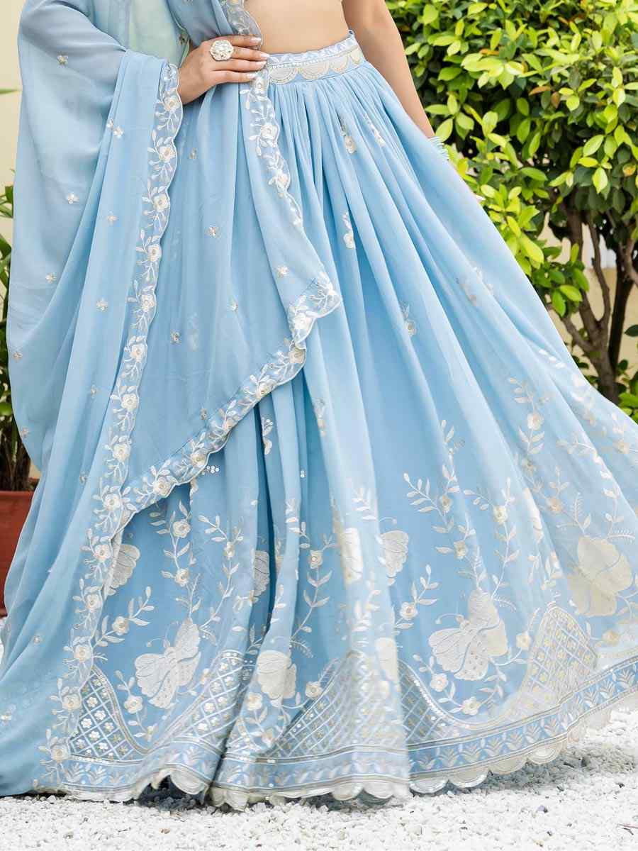 Sky Blue Faux Georgette Embroidered Wedding Reception Festival Heavy Border Lehenga Choli