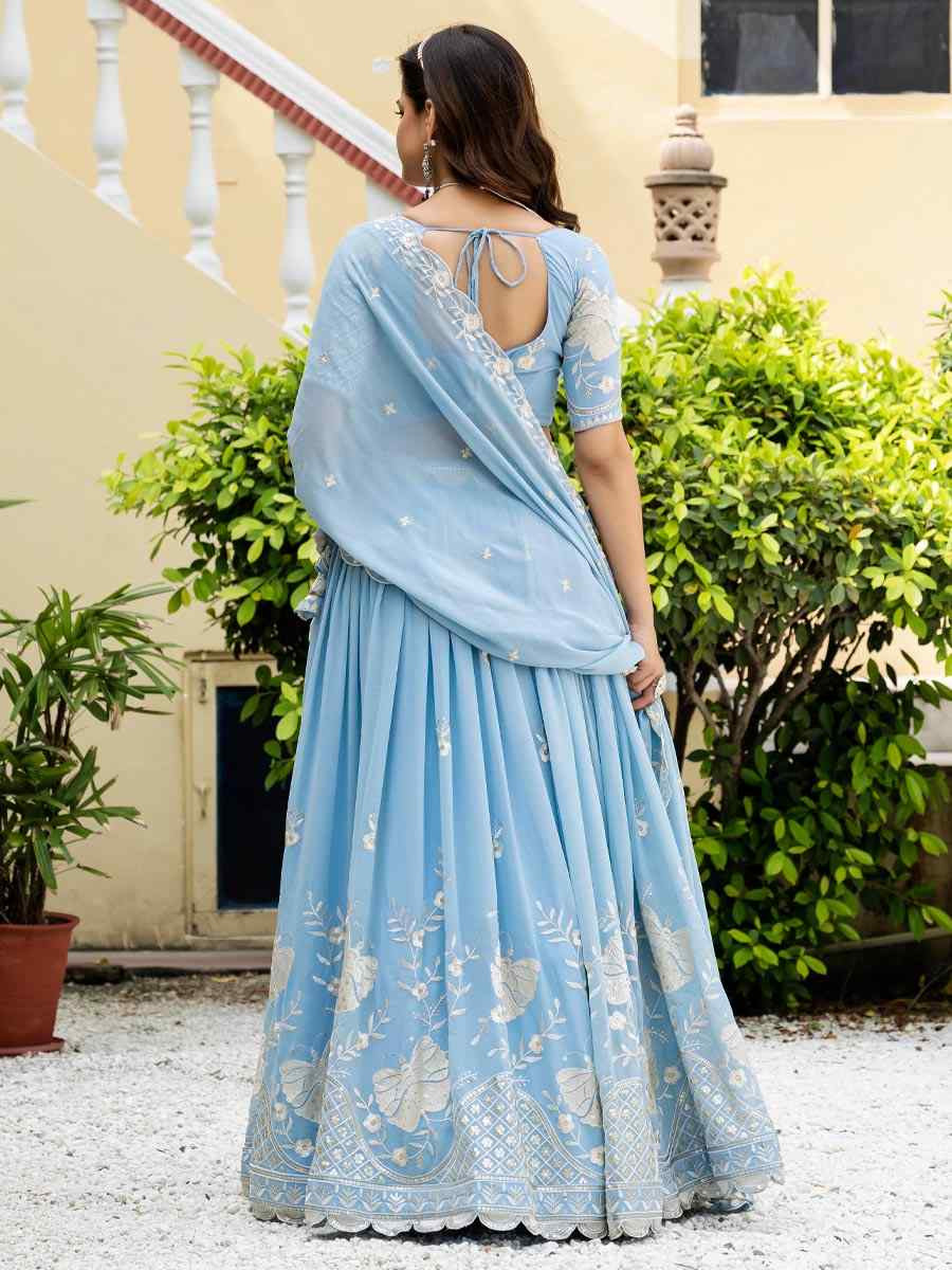 Sky Blue Faux Georgette Embroidered Wedding Reception Festival Heavy Border Lehenga Choli