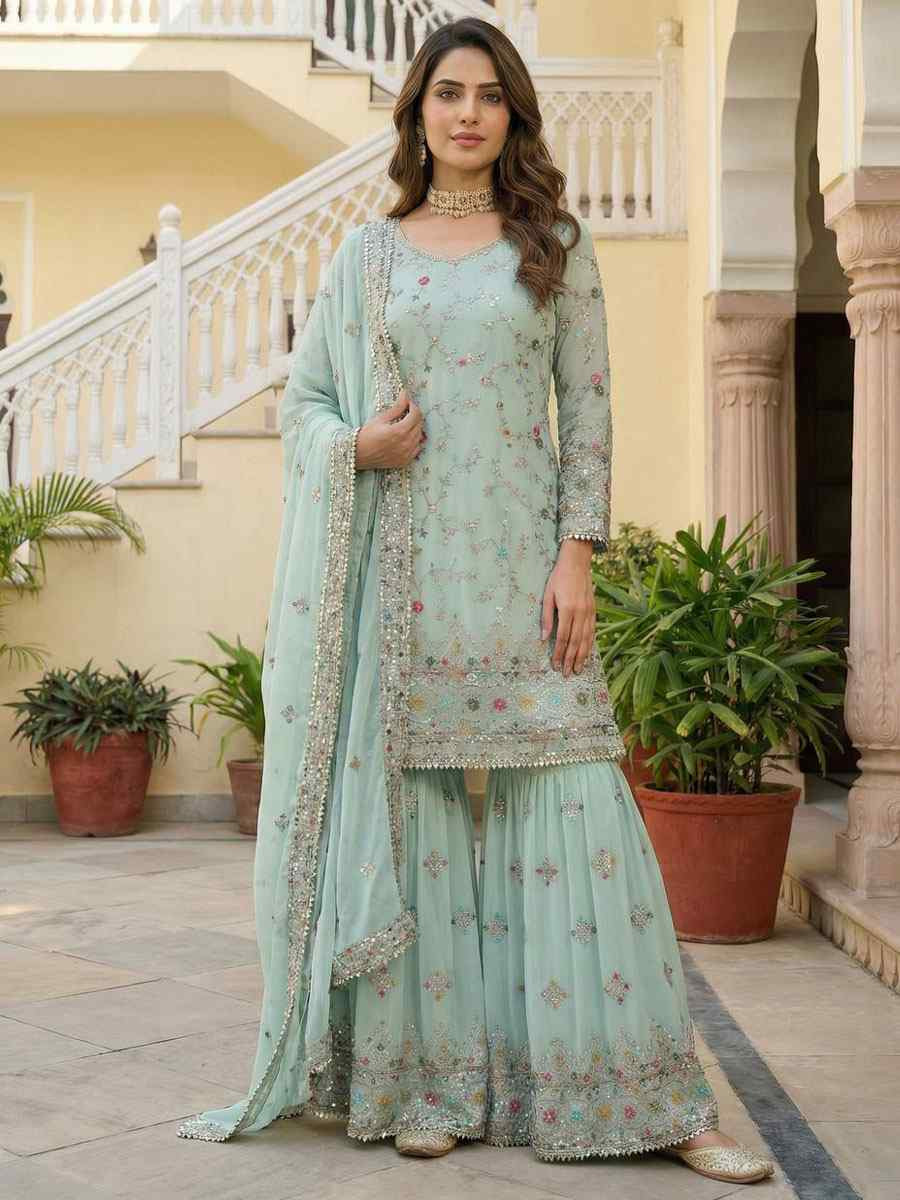 Sky Blue Faux Georgette Embroidery Party Wedding Festival Casual Ready Sharara Pant Salwar Kameez