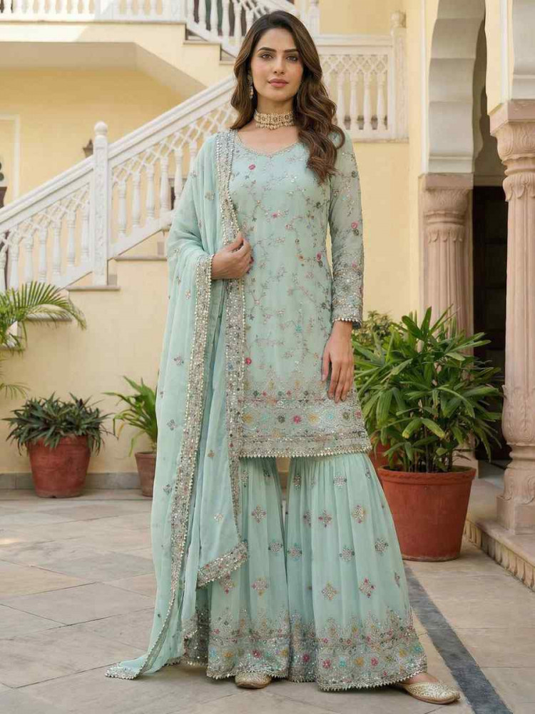 Image of Sky Blue Faux Georgette Embroidery Party Wedding Festival Casual Ready Sharara Pant Salwar Kameez