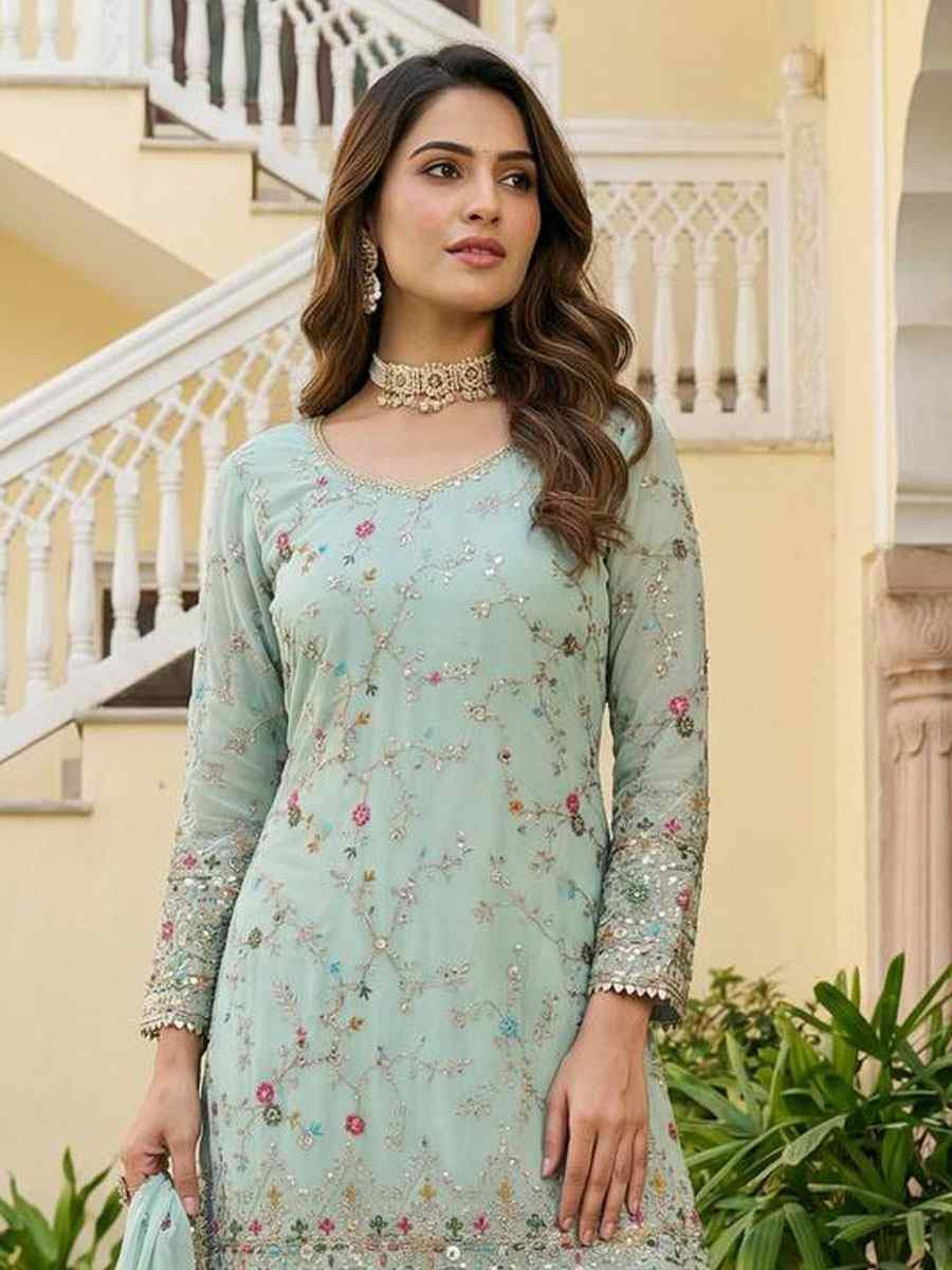 Sky Blue Faux Georgette Embroidery Party Wedding Festival Casual Ready Sharara Pant Salwar Kameez