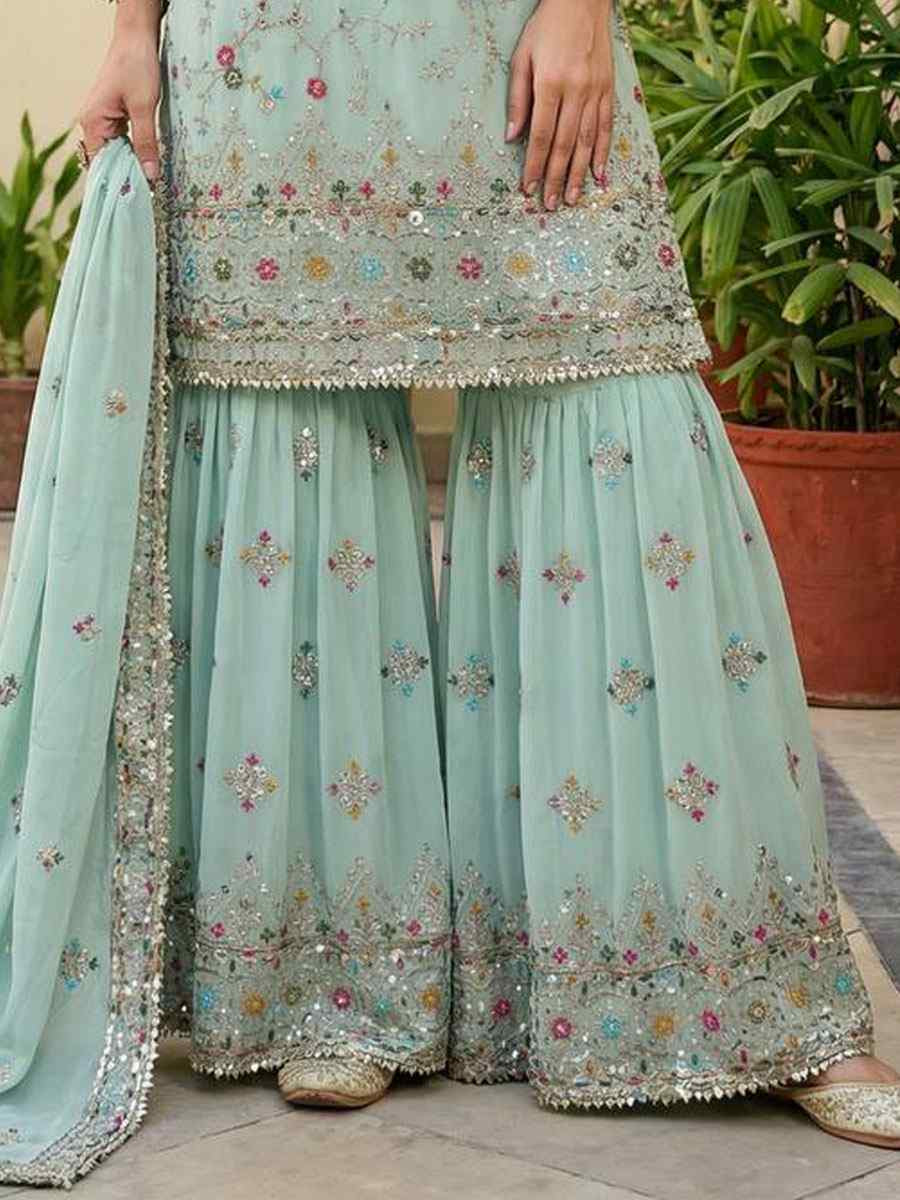 Sky Blue Faux Georgette Embroidery Party Wedding Festival Casual Ready Sharara Pant Salwar Kameez