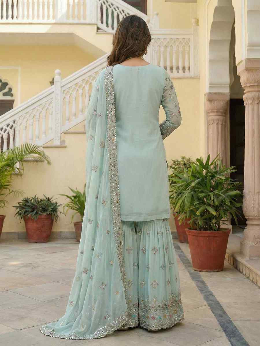 Sky Blue Faux Georgette Embroidery Party Wedding Festival Casual Ready Sharara Pant Salwar Kameez